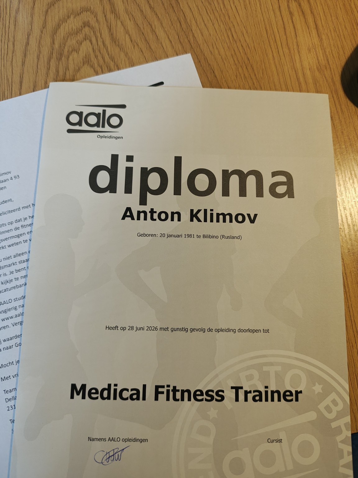 AALO Medical Fitness Trainer diploma awarded to Anton Klimov